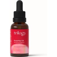Brown glass bottle with black dropper, red label, white text "Trilogy Rosehip Oil Antioxidant Plus 30ml."