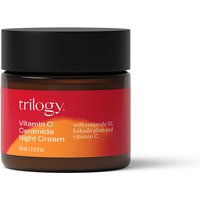 Amber jar with black lid, labeled "Trilogy Vitamin C Ceramide Night Cream 60ml" in white and orange text.