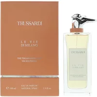 Trussardi Le Vie Di Milano perfume, clear glass bottle with silver cap, next to orange box, 100ml.