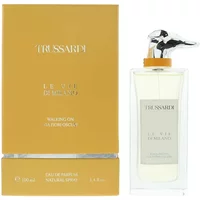 Trussardi Le Vie Di Milano perfume, 100ml, clear bottle with silver cap, gold box with white and black text.