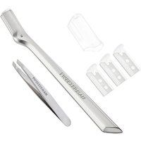 Tweezerman silver brow razor with protective cover and mini tweezer, includes three replacement blades.