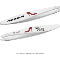 White Tweezerman mini slant tweezer with red high heel and "Devil Wears Prada" text design.