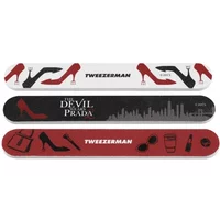 Tweezerman nail file set with red heels, martini glasses, and city skyline on black and red backgrounds.