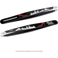 Black Tweezerman slant tweezer with white city skyline and red high heel design, "Devil Wears Prada" text.