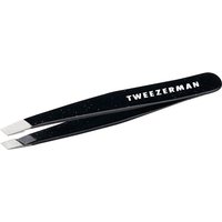 Black Tweezerman mini slant tweezers with white logo and glittery finish.