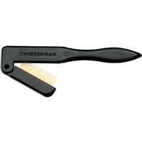 Black Tweezerman Folding iLashcomb with gold metal teeth and ergonomic handle.
