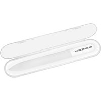 Tweezerman glass nail file with clear case, sleek design, and branded logo on handle.