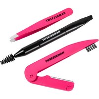 Tweezerman MINI BROW RESCUE KIT with pink tweezers, black brow brush, and pink folding razor.