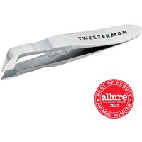 Silver Tweezerman Mini Cuticle Nipper with sharp angled blades and ergonomic handle, Allure award seal visible.