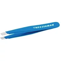 Bahama Blue Tweezerman Mini Slant Tweezer with angled tips and white logo on handle.