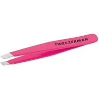 Neon pink Tweezerman mini slant tweezer with angled tips and black logo on handle.