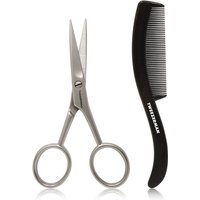 Stainless steel scissors with rounded tips and a small black comb with fine teeth.