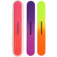Neon pink, purple, and yellow-orange Tweezerman nail files with black logo text.