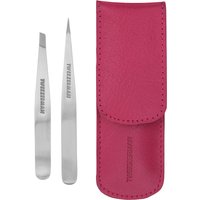 Tweezerman Petite Tweeze Set with slant and pointed tweezers, silver finish, in a pink leather case.
