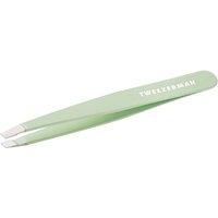 Pistachio green Tweezerman slant tweezers with white logo on handle and precision tips.