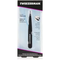 Black Tweezerman Slant Tweezer in packaging, featuring a sleek design with a slanted tip and white logo text.