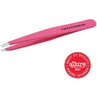 Pink Tweezerman slant tweezer with angled tips, Allure 2022 award badge.