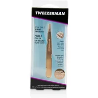 Rose gold Tweezerman slant tweezer with precision tips in clear packaging, featuring brand name on handle.