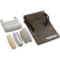 Tweezerman 3-in-1 facial roller set with white, silver, and beige rollers, brown drawstring pouch.
