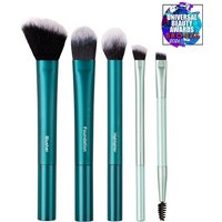 Teal TRUYU makeup brush set with five brushes, black bristles, and silver ferrules, includes award badge.