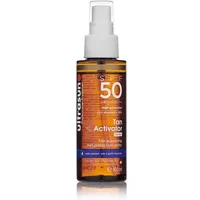 Ultrasun Body Tan Activator Spray SPF 50, 100ml, amber bottle with white pump and orange label detailing.