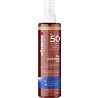 Brown Ultrasun Body Tan Activator Spray SPF 50, 200ml bottle with white cap and red branding.