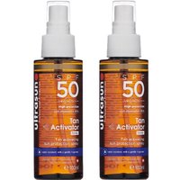 Ultrasun Body Tan Activator Spray SPF50, two brown bottles with white spray tops, 100ml each.