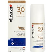 Ultrasun Face Tinted SPF 30, 50ml bottle, honey shade, anti-ageing formula, white packaging with brown accents.