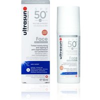 Ultrasun Face Fluid SPF50+ 40ml, white bottle with blue and red accents, next to matching box.