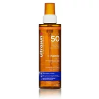 Ultrasun Family Wet Skin Spray SPF 50, 100ml orange bottle with white cap and blue label detailing.