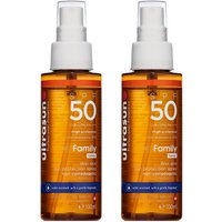 Brown Ultrasun Family Wet Skin Spray SPF50 bottles with white caps and red logo, 100ml, set of two.