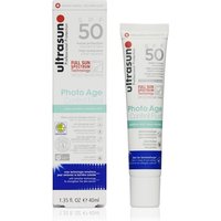 Ultrasun Photo Age Control Fluid SPF50, 40ml tube, white with blue and green accents, next to matching box.