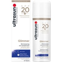 Ultrasun Sensitive Glimmer SPF20 150ml, white bottle with gold accents and matching box, for sensitive skin protection.