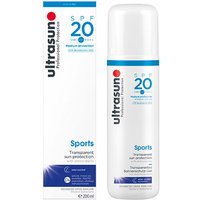 White Ultrasun Sports SPF 20 bottle, blue accents, 200ml, with matching box displaying sun protection details.