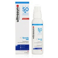 White Ultrasun Sports Spray SPF 50 bottle with blue text and red accents, 150ml, next to matching box.