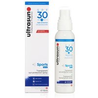 Ultrasun Sports Spray SPF30, 150ml white bottle with blue text and red accents, next to matching box.