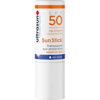 White Ultrasun Sun Stick SPF 50 with orange text and blue band, 10g tube for sensitive skin.