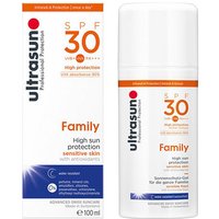 Ultrasun Super Sensitive Family SPF 30, 100ml white bottle with orange text and blue accents, protective sunscreen.