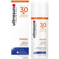 White Ultrasun Super Sensitive Family SPF30 bottle, 150ml, with orange text and blue wave design on the box.