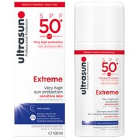 White Ultrasun SPF50+ sunscreen bottle with red text and logo, 100ml, designed for sensitive skin protection.