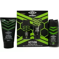 Umbro Action gift set with black and green design, includes 150ml body spray and 150ml body wash.