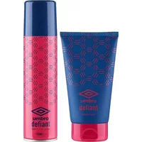 Umbro Defiant gift set with pink and blue 150ml body spray and blue 150ml body wash, geometric pattern design.
