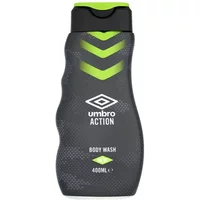 Umbro Power Shower Gel 400ml, black bottle with green cap, chevron design, and Umbro logo on front.