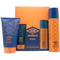 Umbro Velocita gift set with orange box, blue and orange body spray, and matching body wash tube.