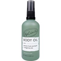 Green bottle of UpCircle Body Oil with black pump, labeled with passion fruit and kumquat oils, 100ml size.