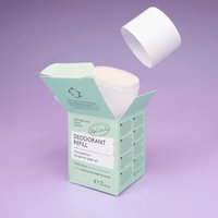 UpCircle deodorant refill in mint green box with white cap, featuring macadamia and bergamot ingredients.