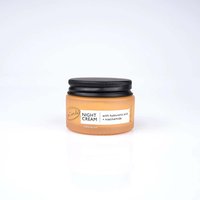 UpCircle Night Cream jar, amber glass with black lid, labeled with hyaluronic acid and niacinamide, 30ml travel size.
