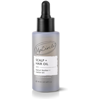 UpCircle Scalp + Hair Oil in a frosted bottle with black dropper, featuring Bacuri Butter and Castor Oil, 50ml.