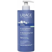 Blue Uriage Baby 1st Moisturising Milk 500ml bottle with pump dispenser and white text.