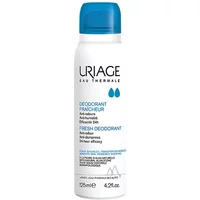 White Uriage Fresh Deodorant Spray 125ml with blue cap and text, featuring anti-odor and 24-hour efficacy claims.